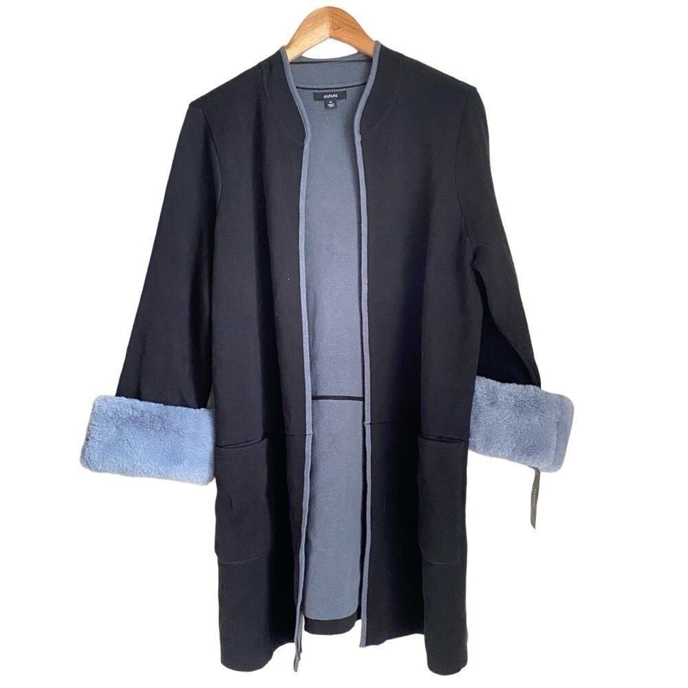 NWT Alfani 0X XL Black Faux Fur Cuff Cardigan Sweater Jacket Open Front 2 Tone